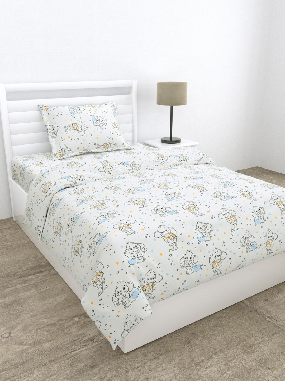 haus & kinder White & Blue Cartoon Characters 210 TC Single Bedsheet with 1 Pillow Covers