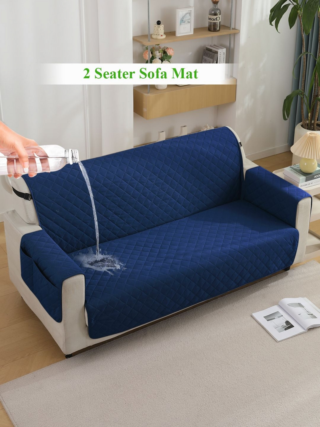 HOKIPO Navy Blue Quilted Waterproof 2 Seater Sofa Cover With pockets on Armrest Cover