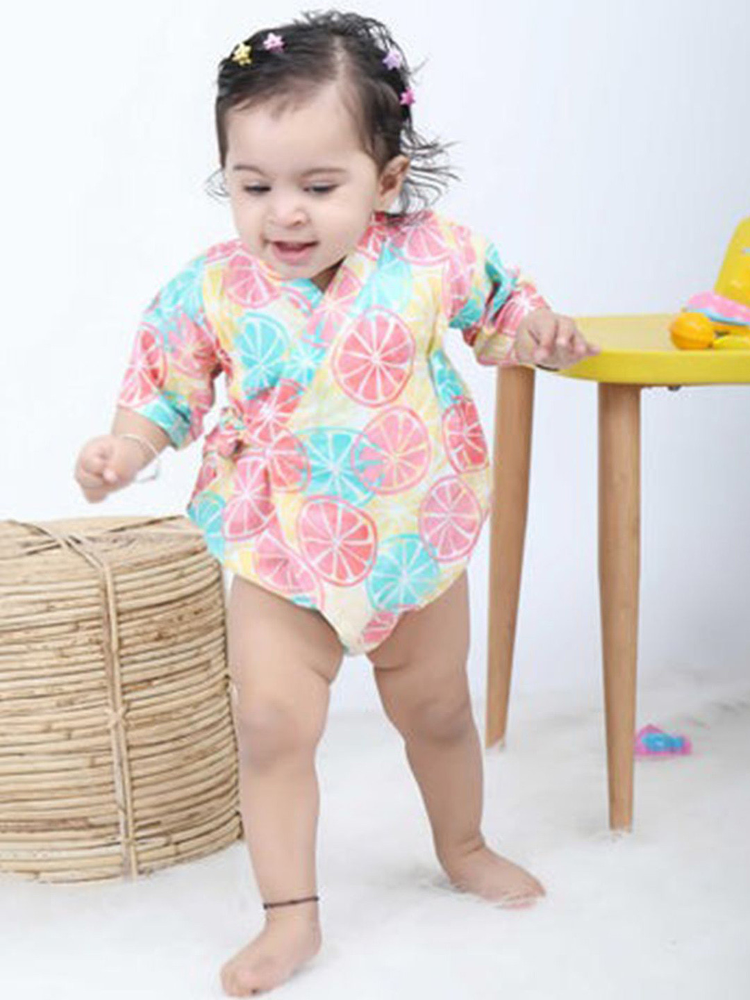 Polka Tots Infant Girls Citrus-Printed Cotton Wrap Bodysuit With Pouch