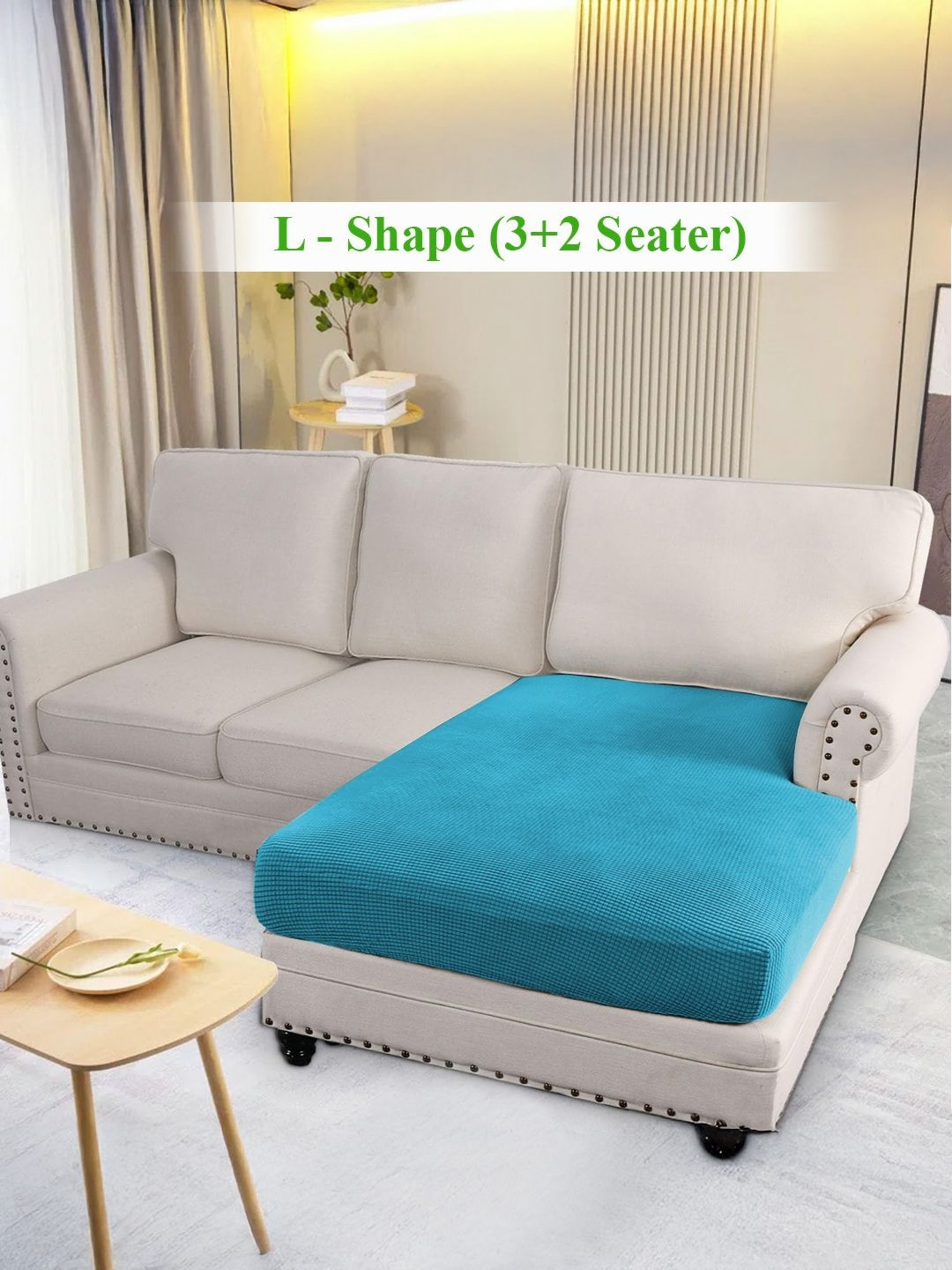 HOKIPO Teal Solid Jacquard 1 Piece Chaise Cushion Cover for L shape Sofa