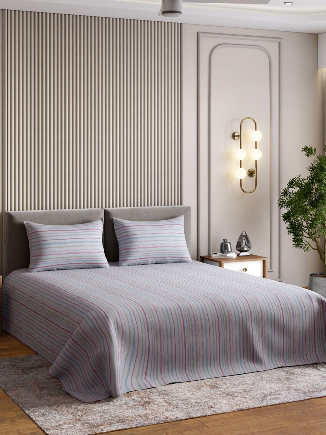 haus & kinder Soft Embrace Off White Striped Cotton 186 TC Queen Bedsheet Set-2.55mx2.29m