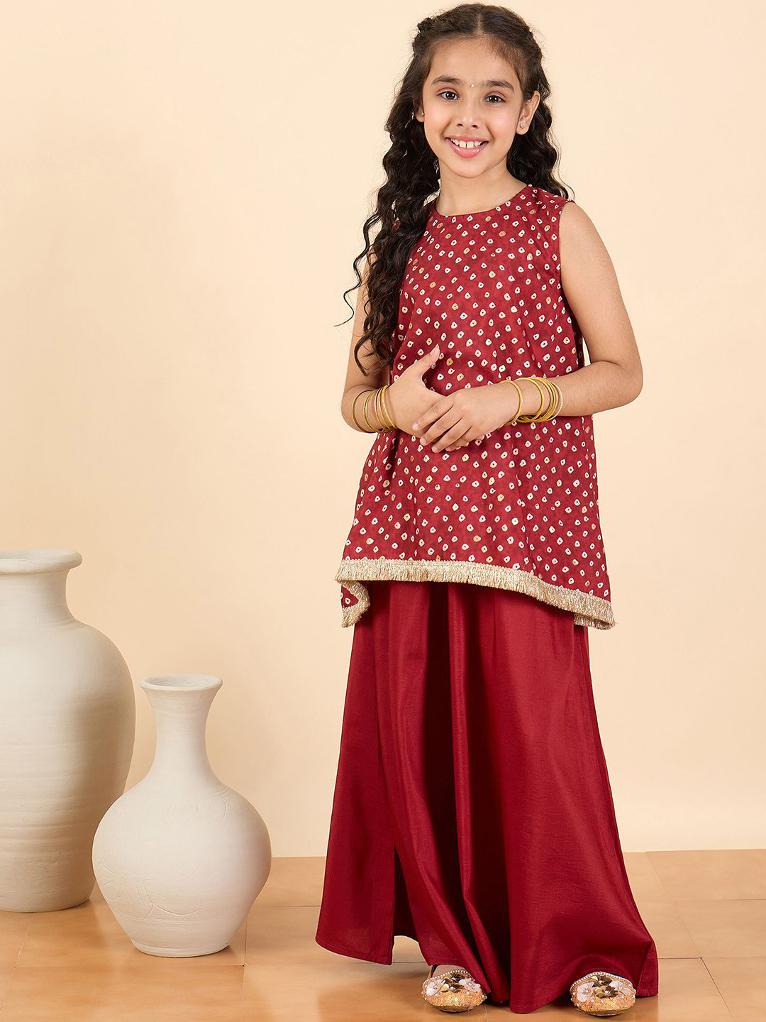 Stylo Bug Girls Bandhani Printed Round Neck Asymmetric Kurti with Trousers