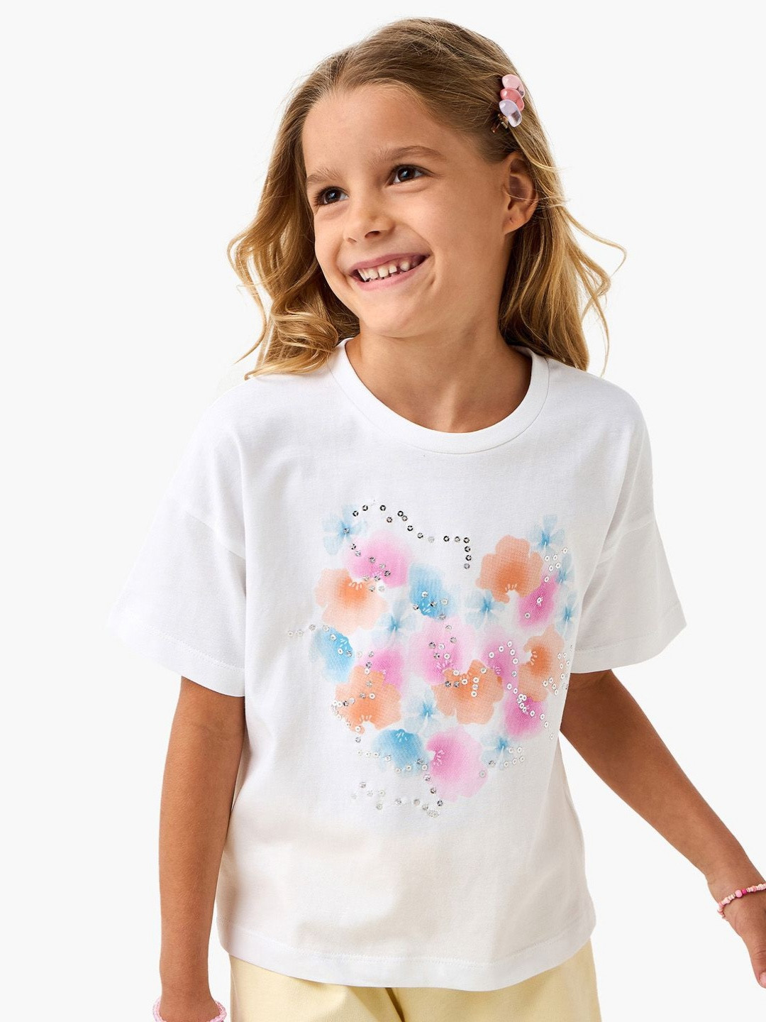 Juniors by Babyshop Girls Floral Printed Drop-Shoulder Sleeves Sequinned Cotton T-shirt