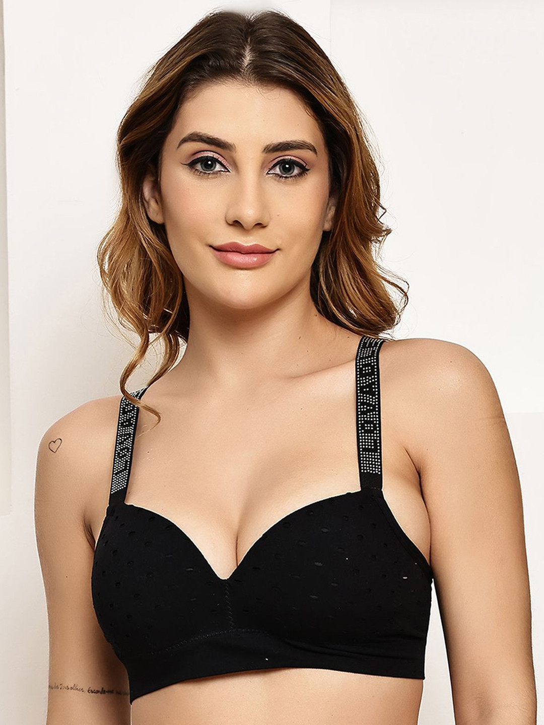 Quttos Medium Coverage Lightly Padded T-shirt Bra with Rhinestone Strap