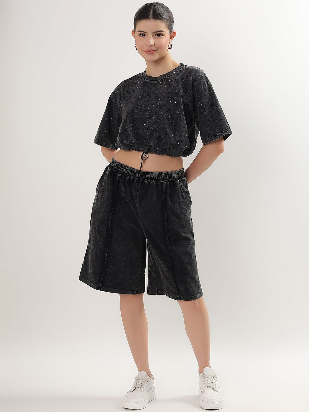 Beyond Pink Self Design T-Shirt & Shorts Co-Ord Set