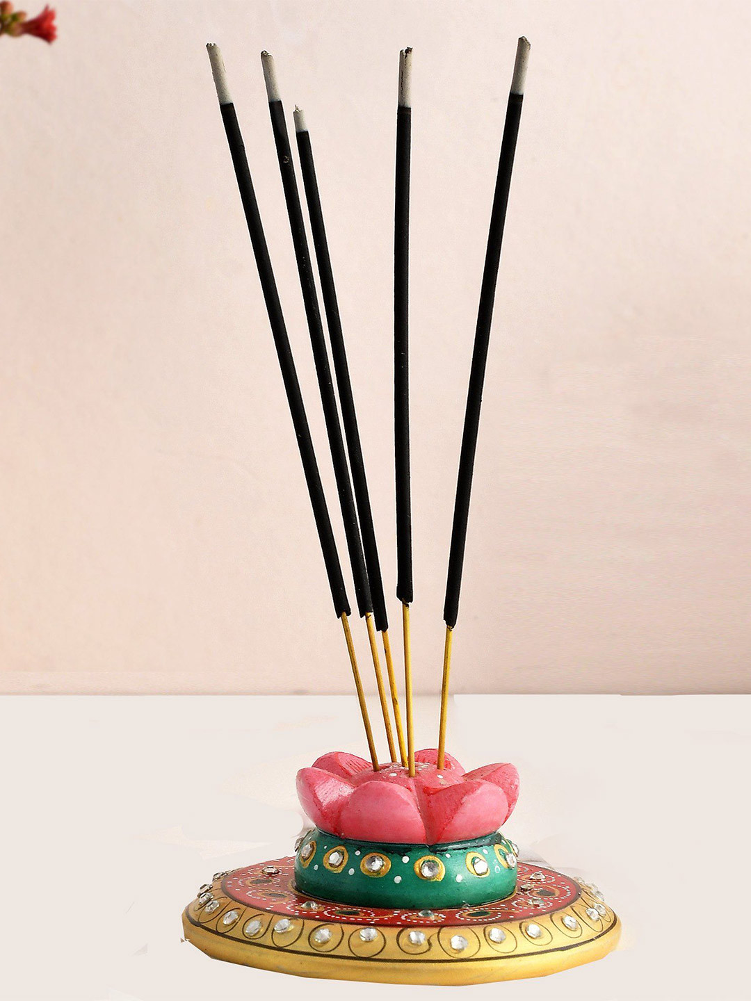 CRAFTAM Yellow & Red Marble Made Kundan Embellished Agarbatti Stand