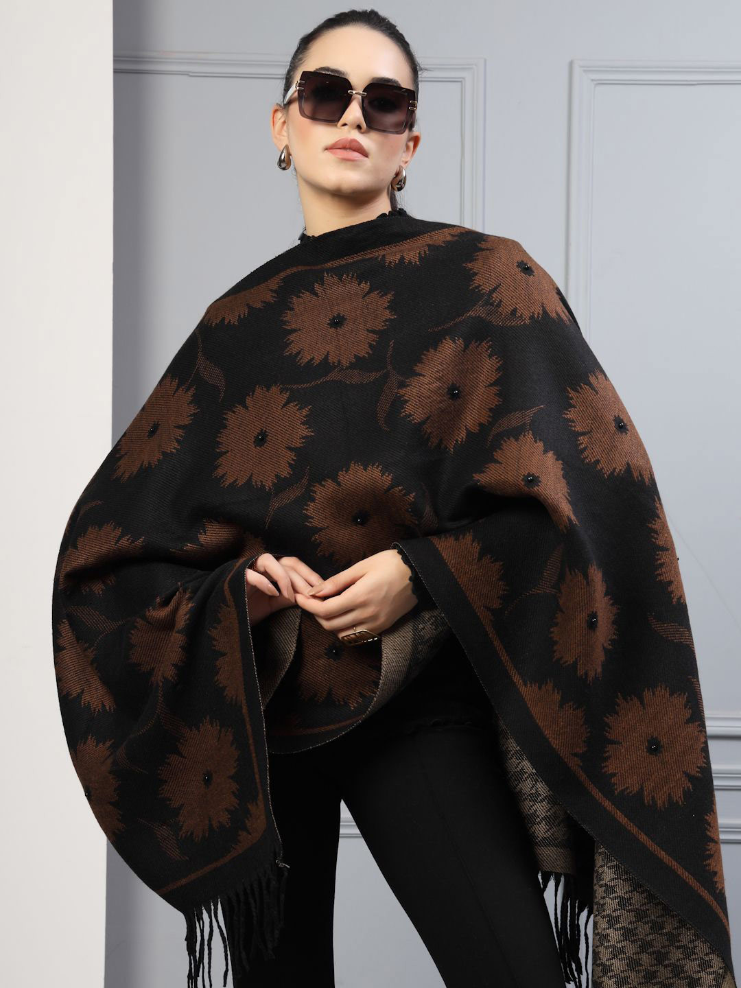 Mafadeny Women's Wool Big Flower Design Stole