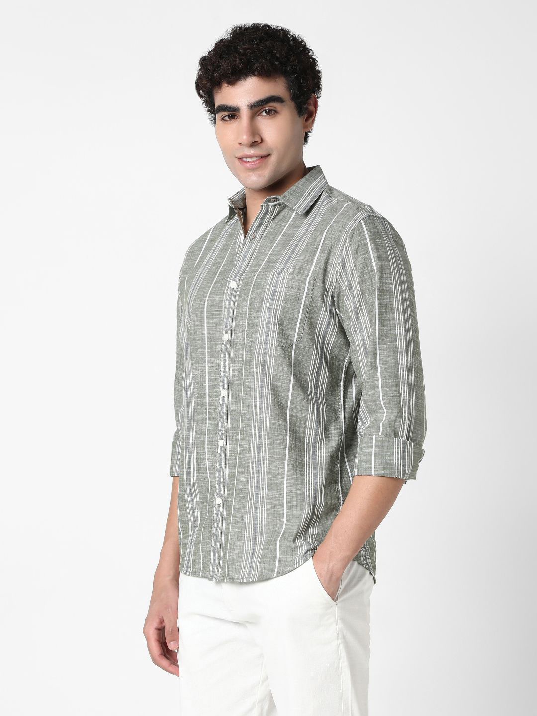 R&B Vertical Striped Spread Collar Roll-Up Sleeves Cotton Shirt