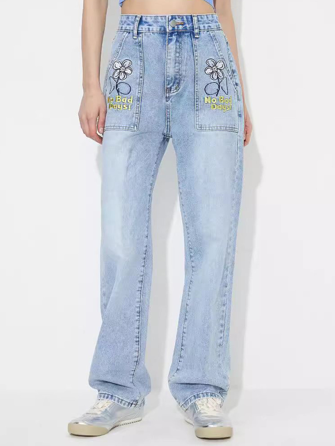Outzidr Women Straight Fit High-Rise Embroidered Denim Jeans