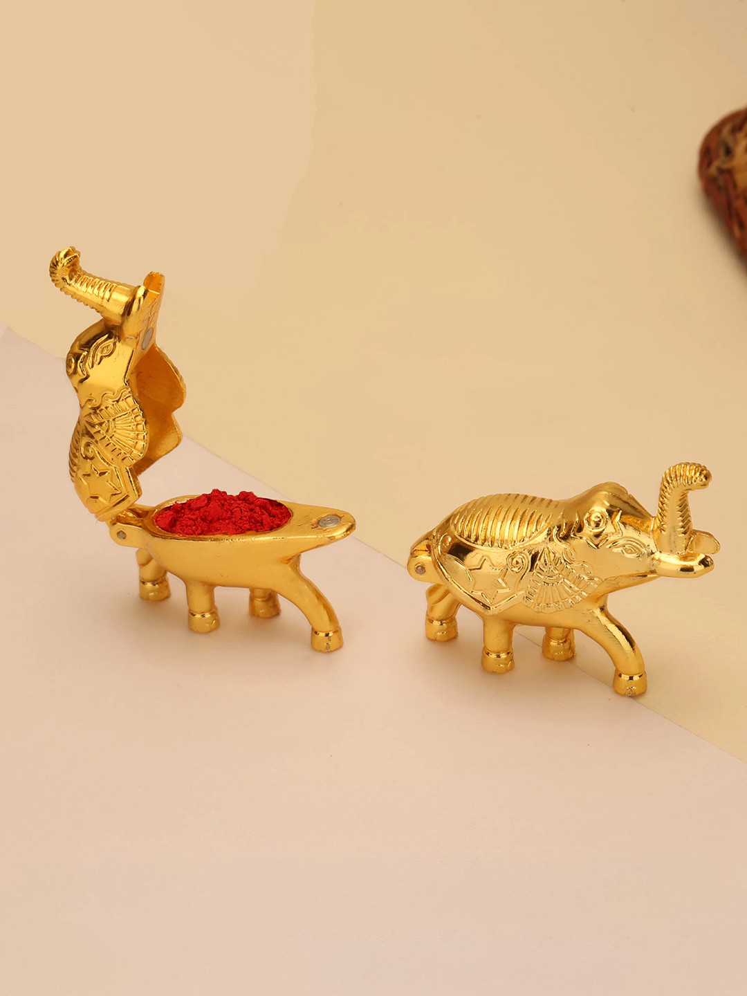 CRAFTAM 2Pcs Yellow Metal Elephant Shape Haldi Kumkum Box