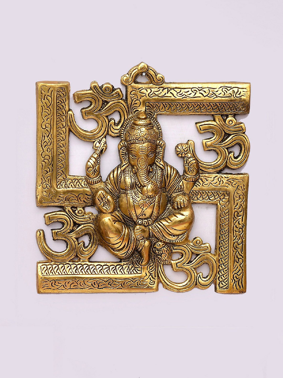 CRAFTAM Gold-Toned Religious Oxidised Metal Ganesha Om Swastika Wall Hanging Showpiece