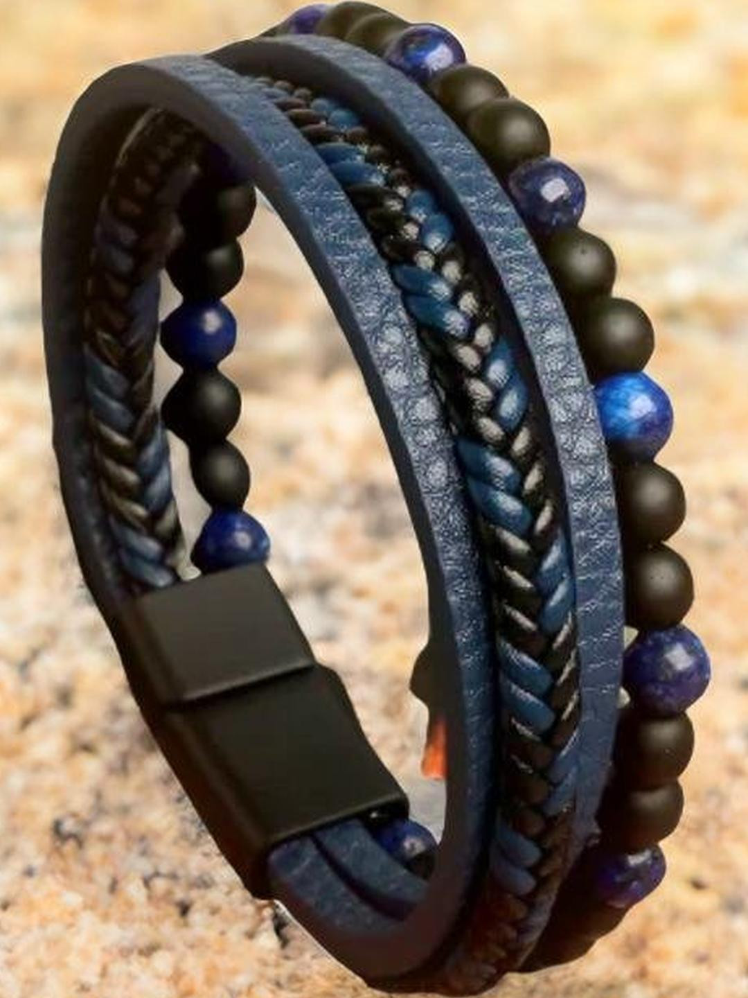 Black Blue Leather Braided Magnetic Clasp Leather Bracelet For Men