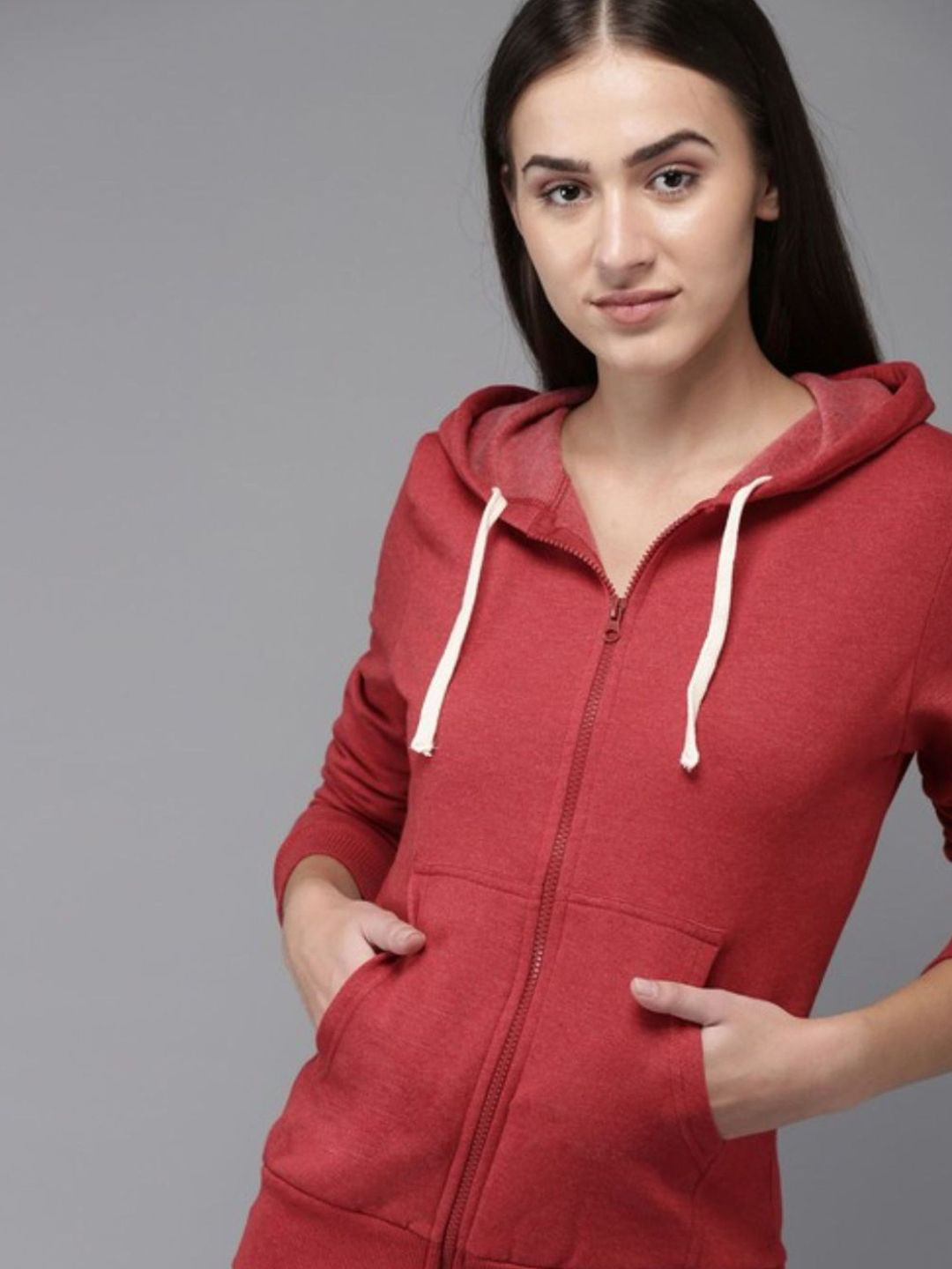 PINACOLADA Women Solid Hooded Front-Open Cotton Sweatshirt With Insert Pocket