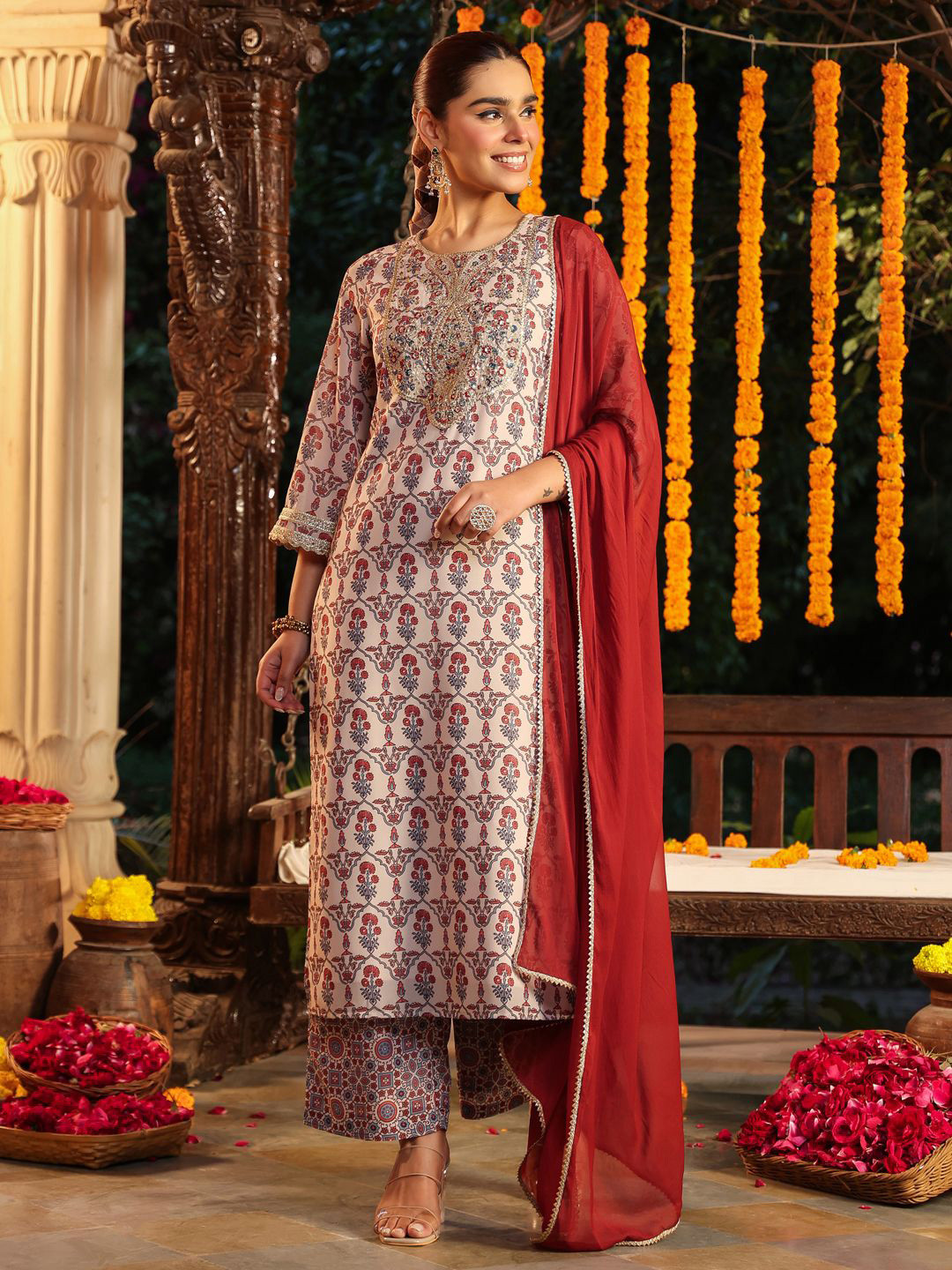 Janasya Women Cream Georgette Yoke Zari Embroidered Ajarakh Printed Straight Kurta Set