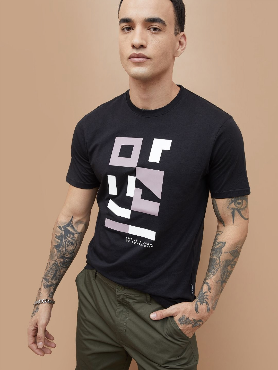Fame Forever by Lifestyle Geometric Printed Round Neck Cotton T-shirt