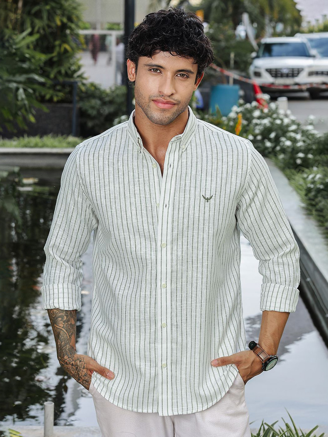 PERCH India Slim Fit Vertical Striped Long Sleeves Cotton Linen Shirt