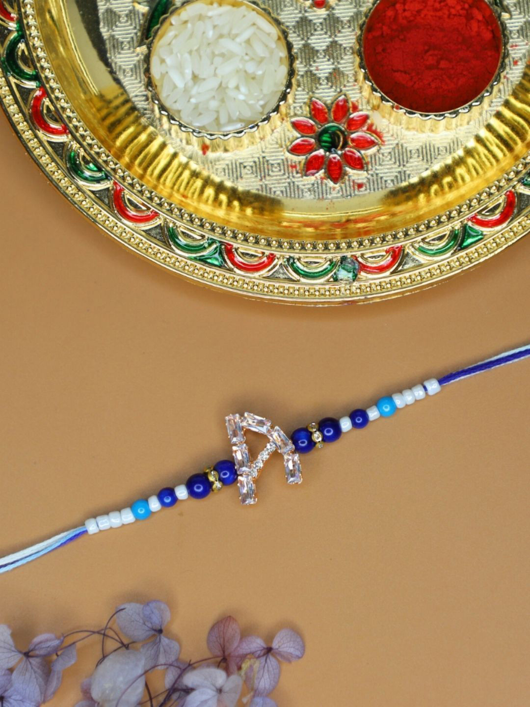 House of Pataudi Alphabet A Initial Thread Rakhi With Greeting Card & Roli Chawal