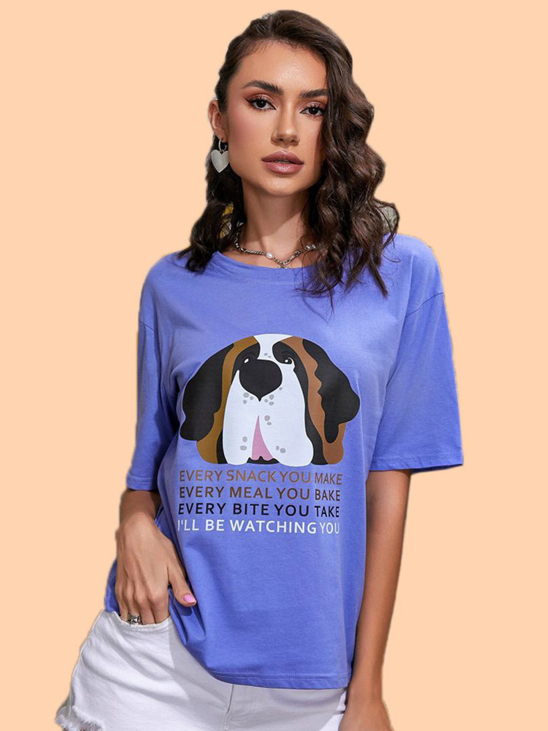 Christy World Graphic Printed Round Neck Extended Sleeves Oversized T-shirt