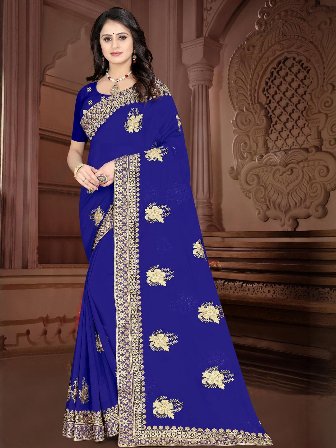 F FASHION Floral Beads and Stones Silk Blend Saree