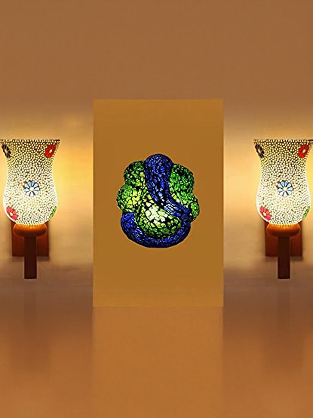 Somil Combo of 1 Mosaic Blessing God Ganesh with 2 Mosaic Wall Lamp Light with Wood Fitting, Compatible with 5 to 60 Watt LED