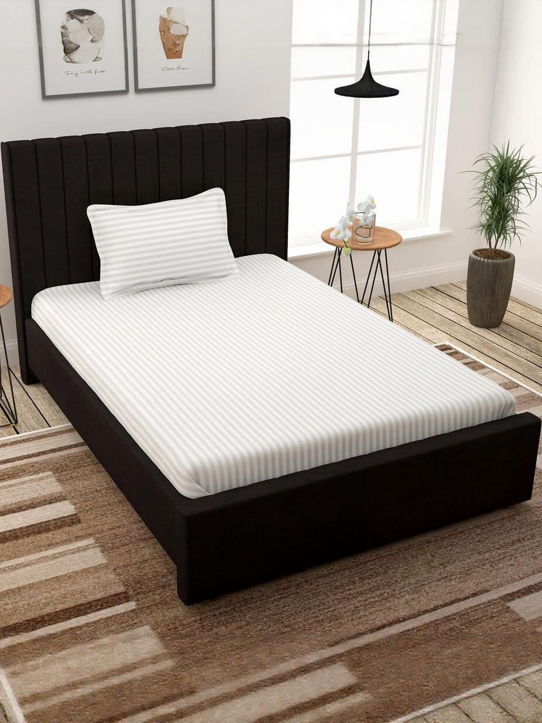 Fabture Striped Cotton Single Bedsheet with 1 pillow cover