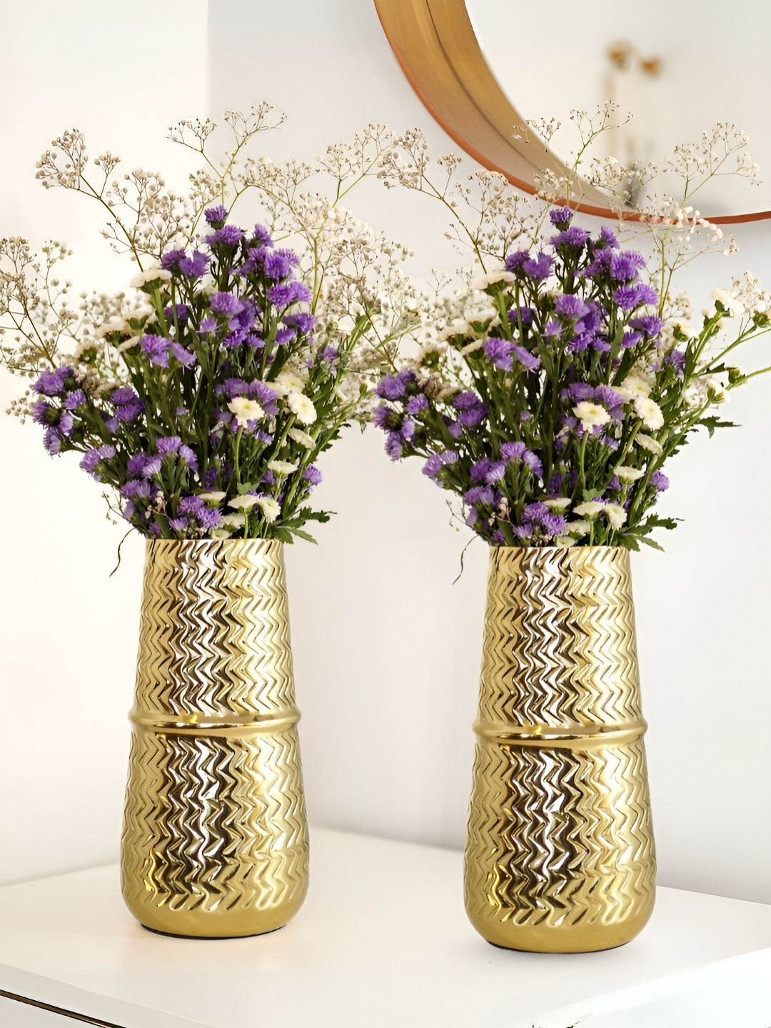 BEHOMA 2Pcs Yellow Textured Metal Arrow Engrave Flower Vases