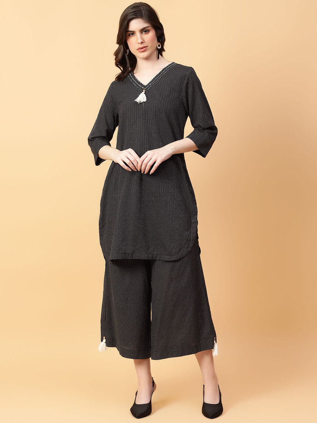 HERE&NOW Khatha Embroidered Pure Cotton Tunic & Palazzos Co-Ord Set