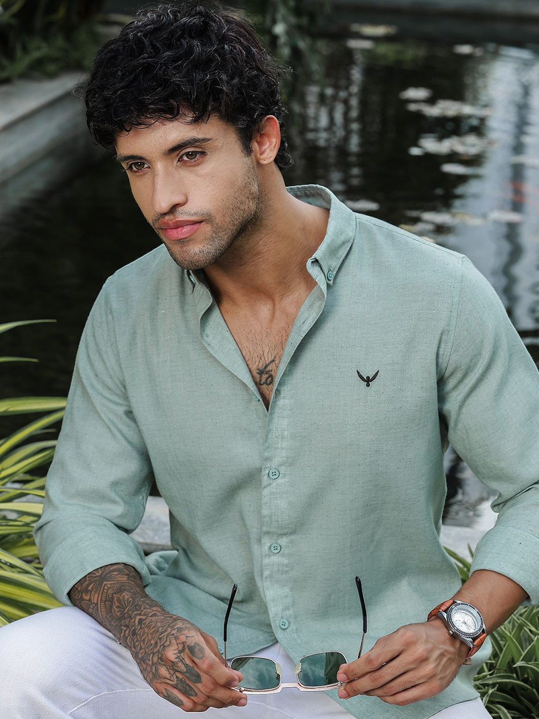 PERCH India Slim Fit Long Sleeves Cotton Linen Shirt