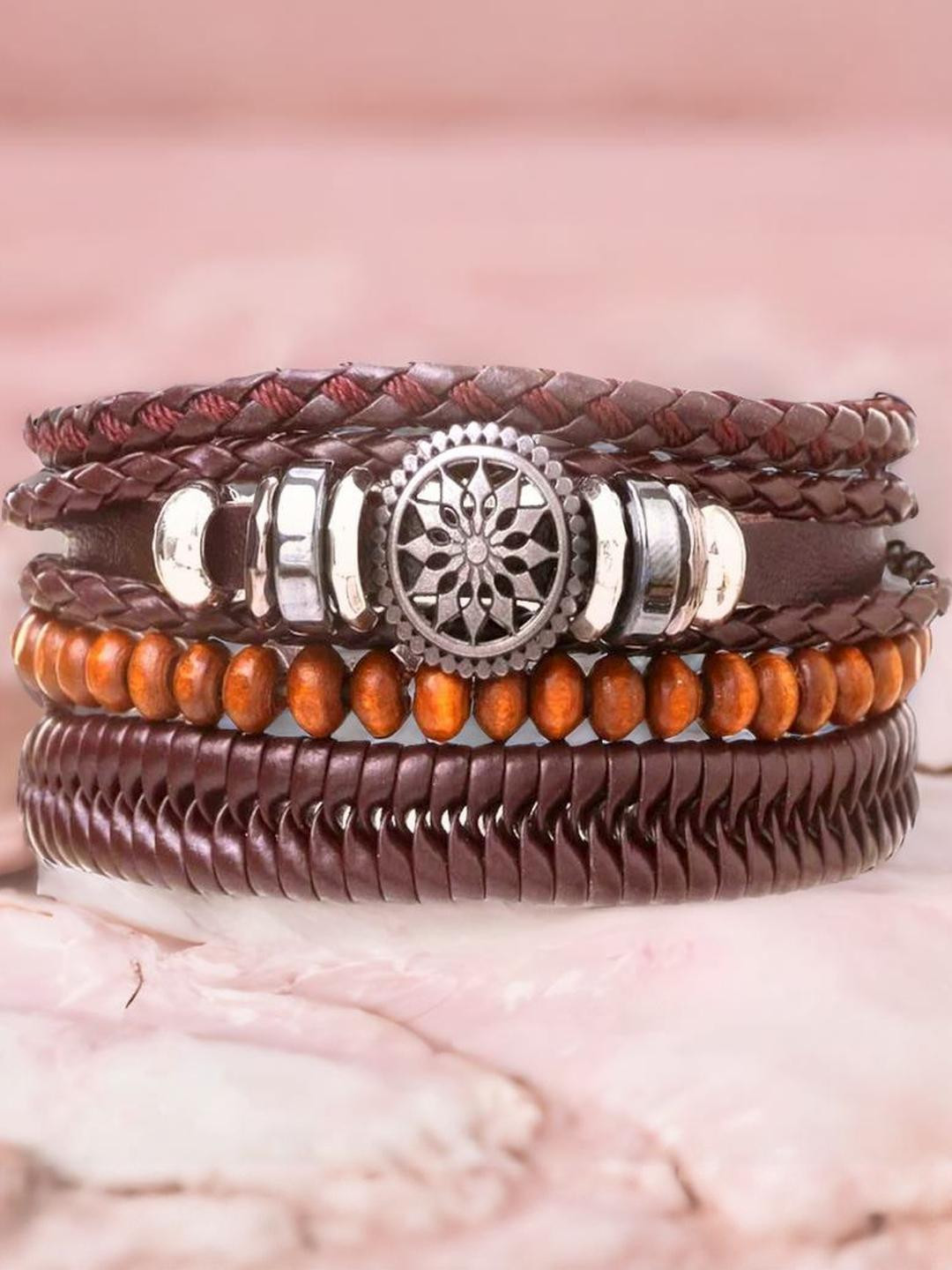 Brown Oxidised Floral Wristband Leather Braclet For Men (pack of 4pcs)