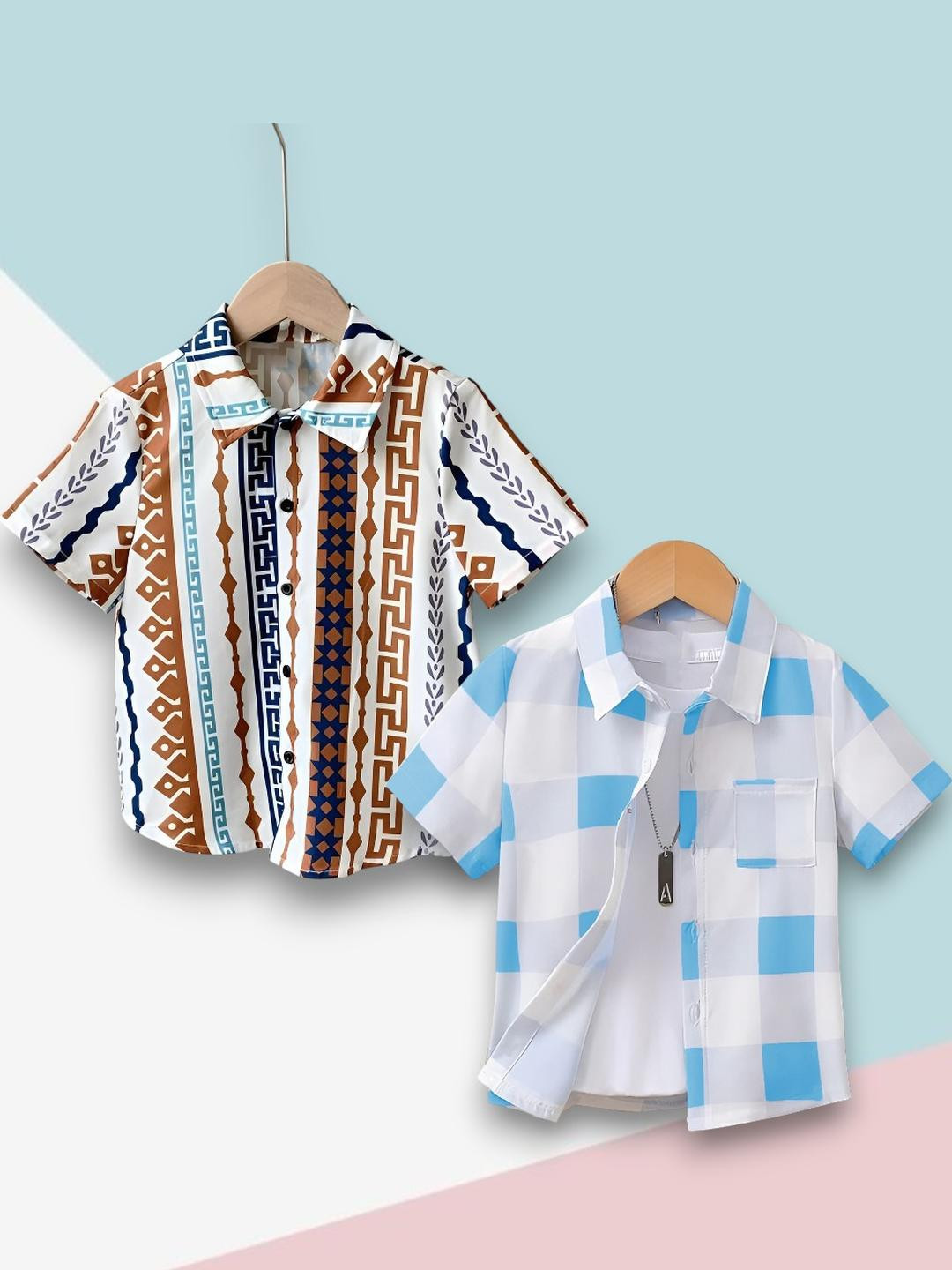Boys Shirt Checkered, Printed Casual Short Sleeve Shirts Pack of 2