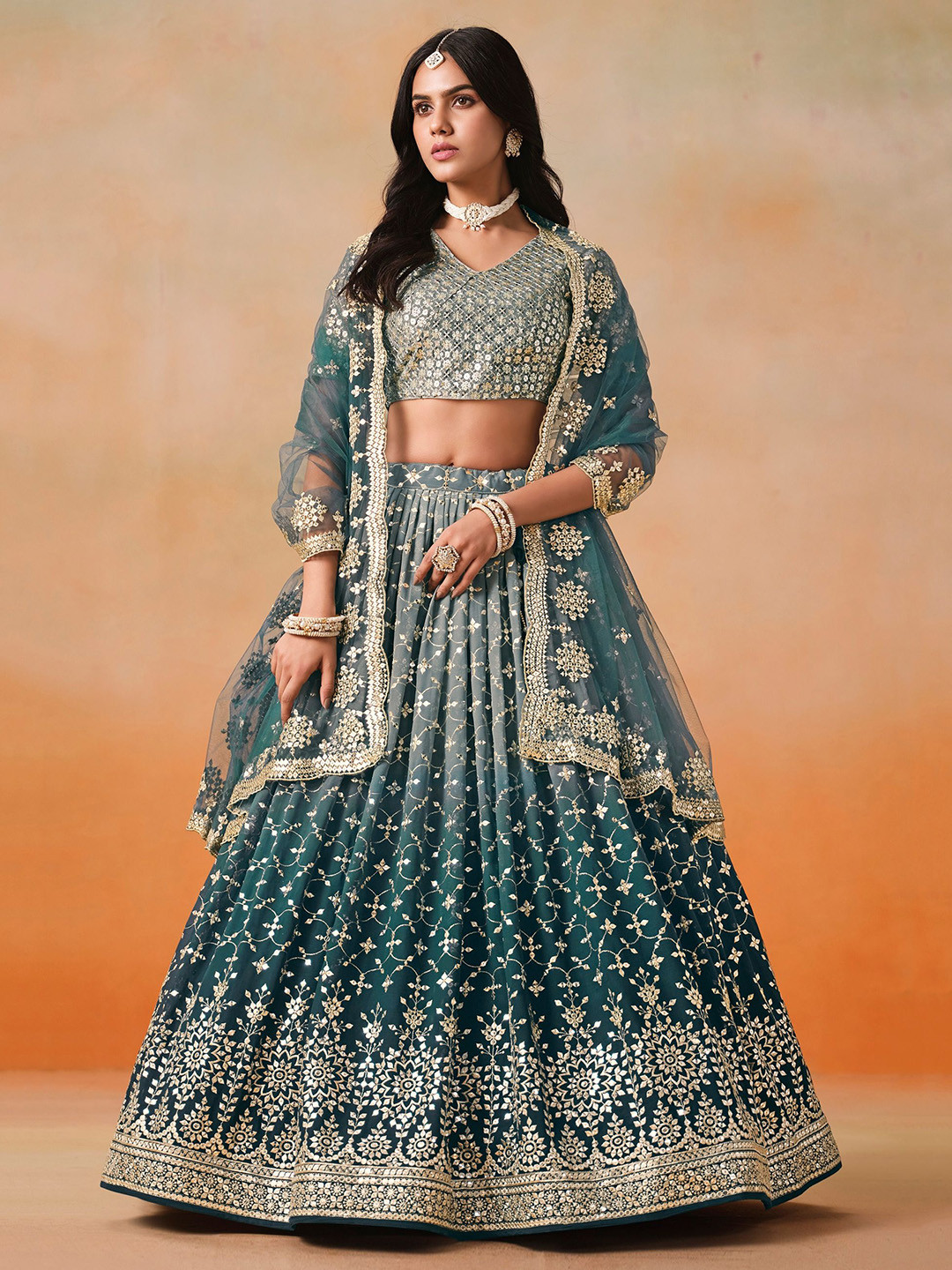 ETHNIC PLUS Embroidered Sequinned Semi-Stitched Georgette Lehenga & Blouse With Dupatta