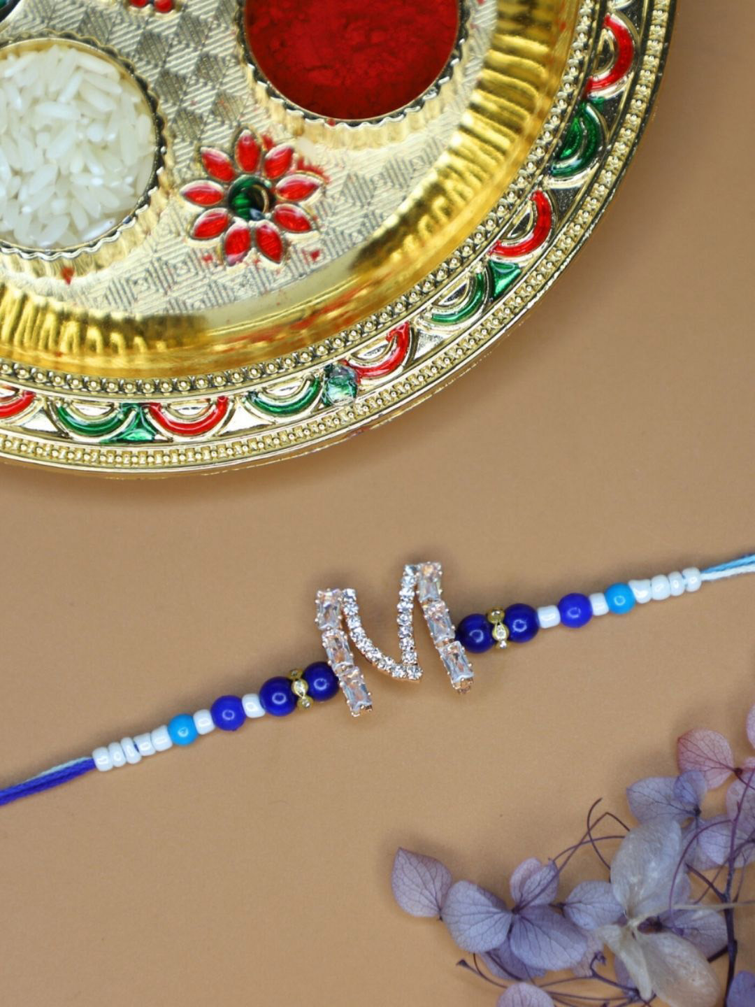 House of Pataudi M Alphabet Rakhi With Greeting Card & Roli Chawal