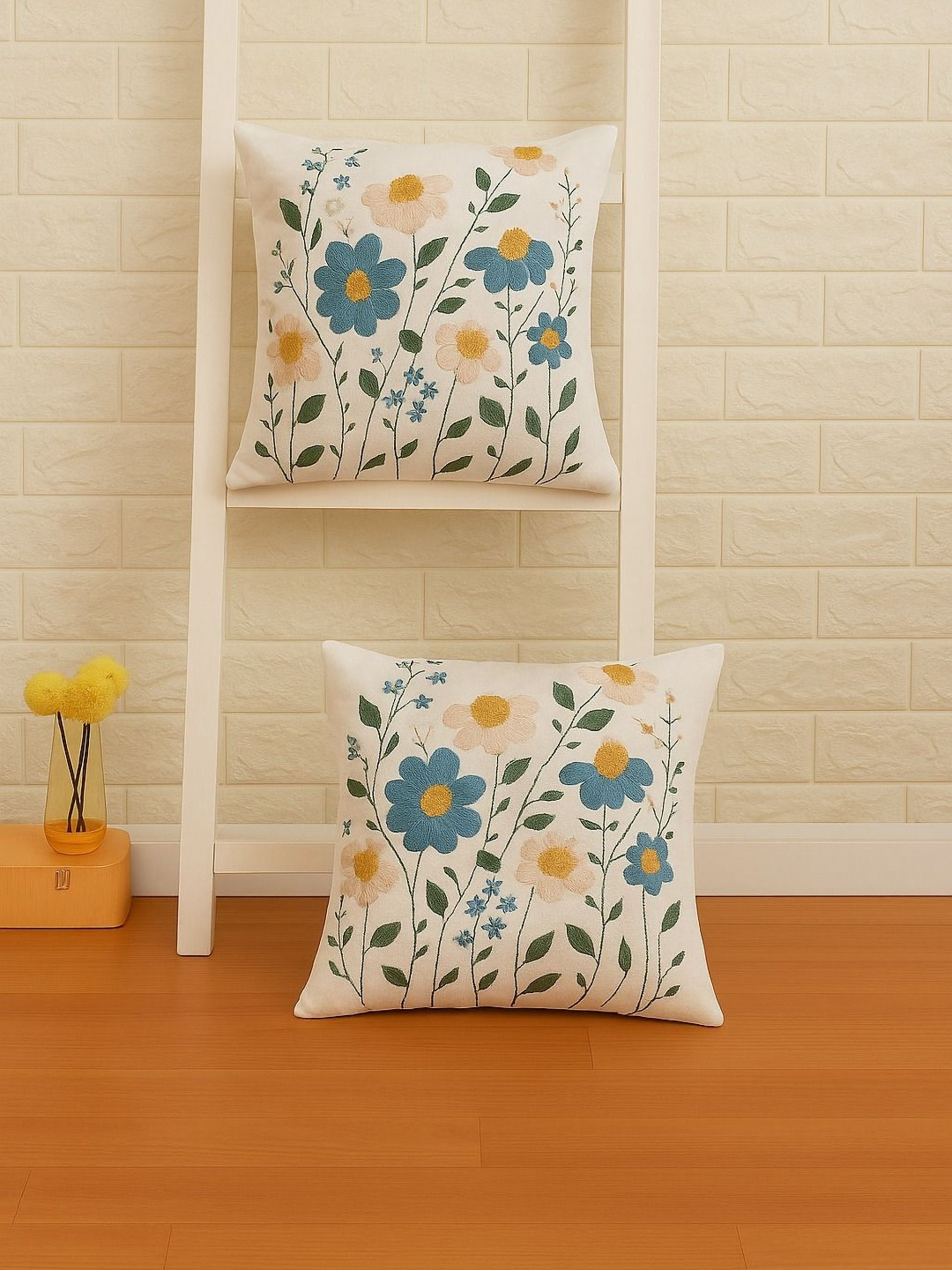 KIDS WONDERS White And Blue Set Of 2 Embroidered Cotton Square Cushion Covers
