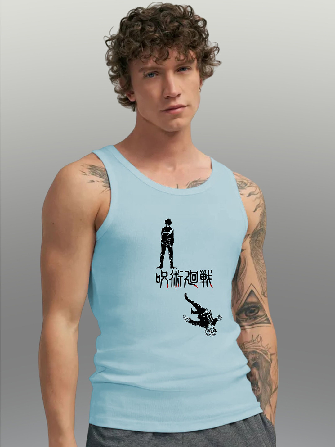 Uniplanet store Printed Scoop Neck Gym Vest UVM-3D-ANIME-DOWN-SKBL-S