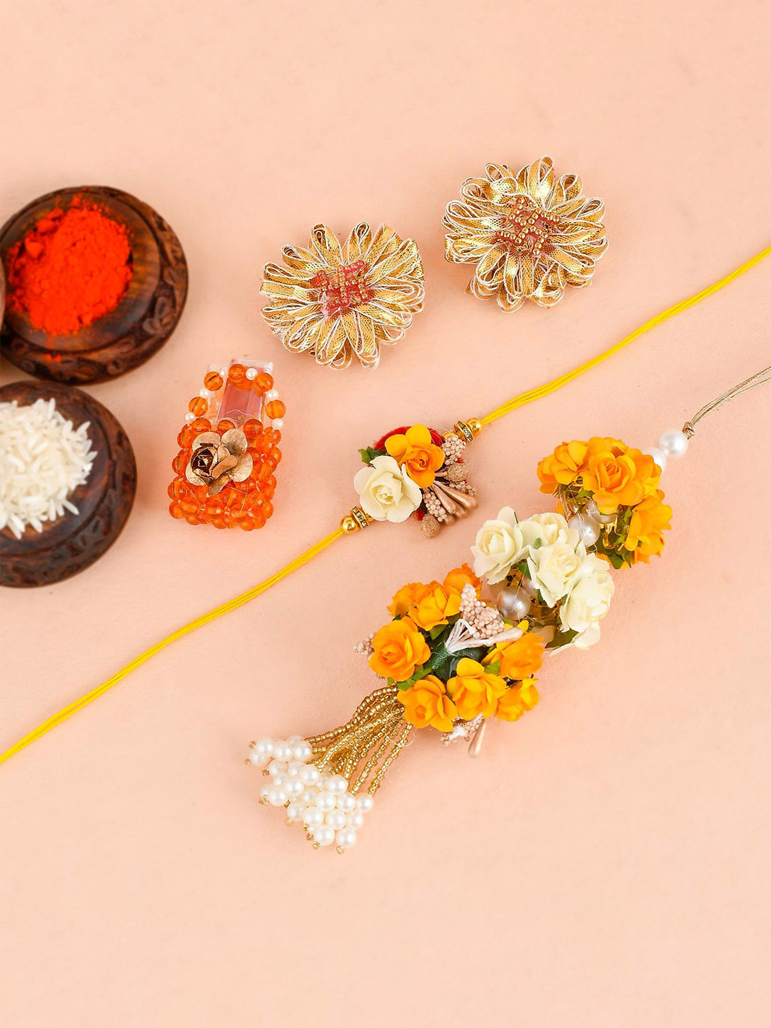 Silvermerc Designs Beaded Bhaiya bhabhi Thread Rakhis With Roli & Chawal