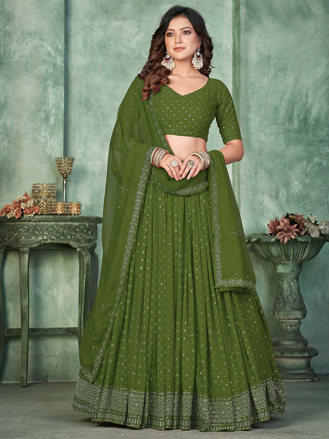 KALINI Women Sequinned Semi-Stitched Lehenga & Unstitched Blouse With Dupatta