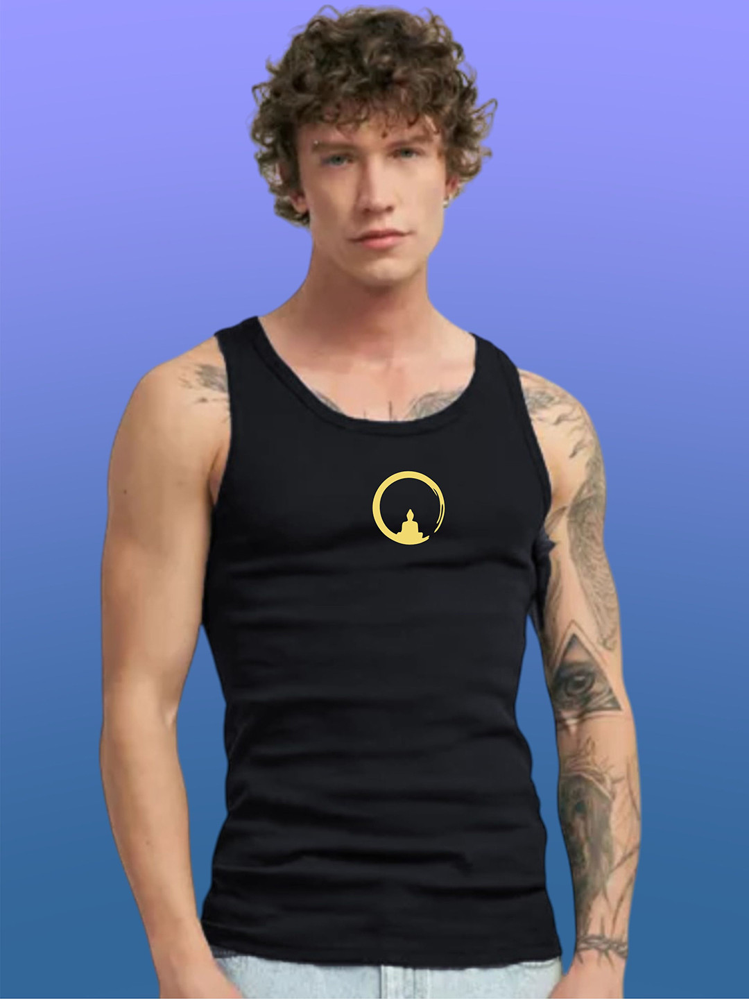 Uniplanet store Printed Scoop Neck Gym Vest UVM-LG-BUDHHA-BLK-S