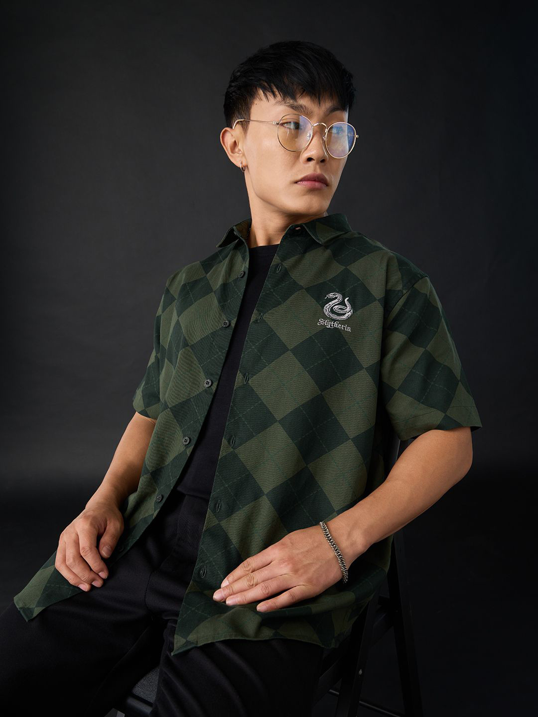The Souled Store Oversized Harry Potter Slytherin Argyle Buffalo Checked Pure Cotton Shirt