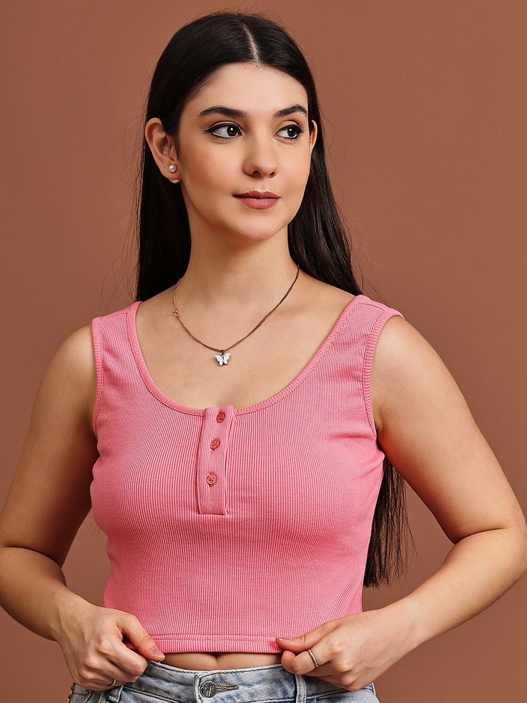 JAKANARY Women Ribbed Fitted Crop Tank Top