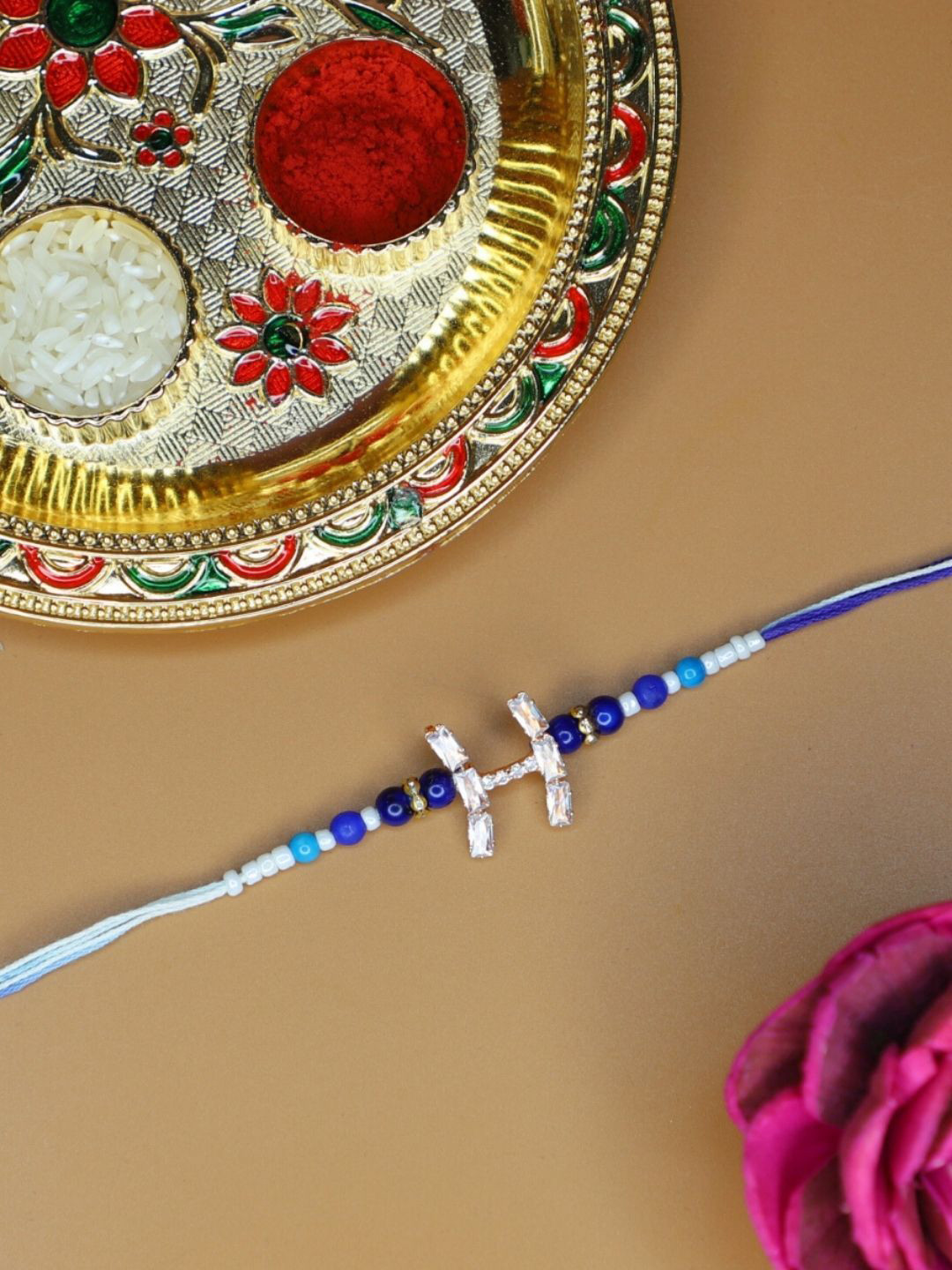 House of Pataudi H Alphabet Rakhi With Greeting Card & Roli Chawal