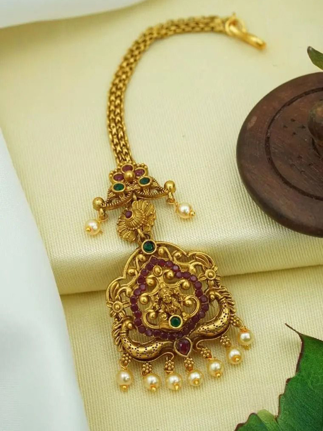 Diksha collection Brass-Plated Stone-Studded & Beaded Matte-Finish Maang Tikka