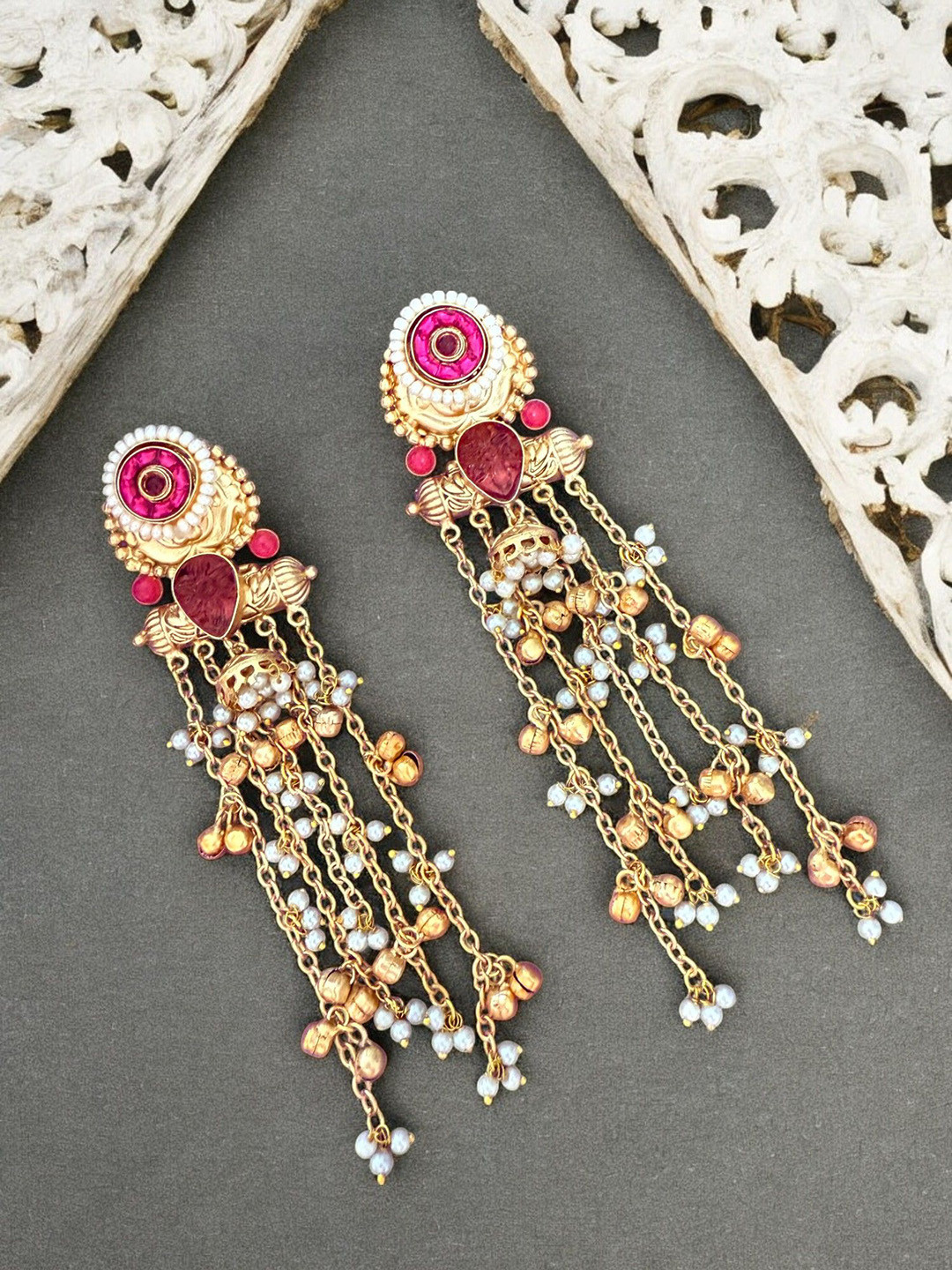 House of Pataudi Gold-Plated Artificial Stone-Studded & Ghungroo Beaded Kashmiri Jhumkas