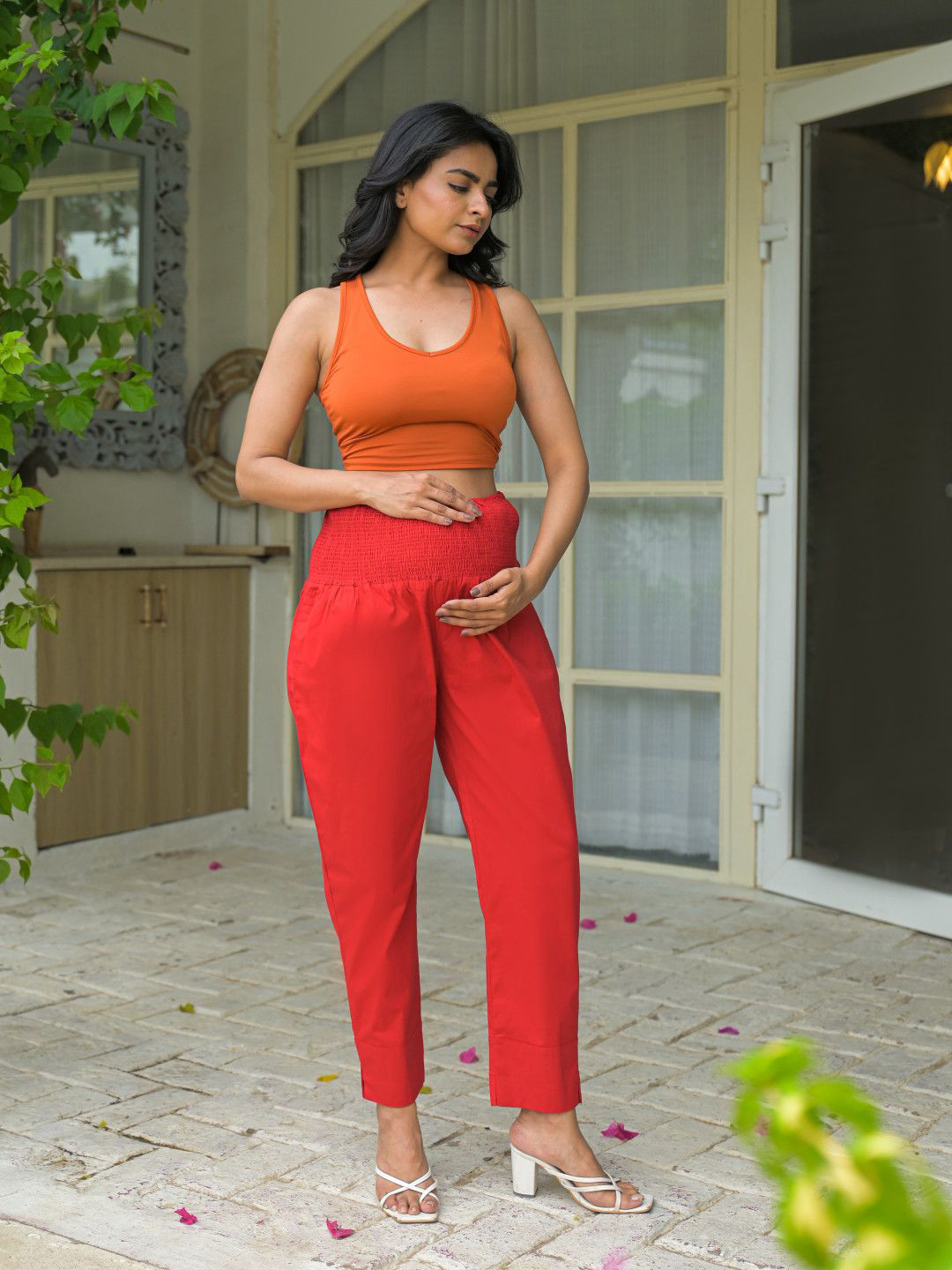 Aujjessa Women Red Mom Fit High-Rise Maternity Peg Trousers