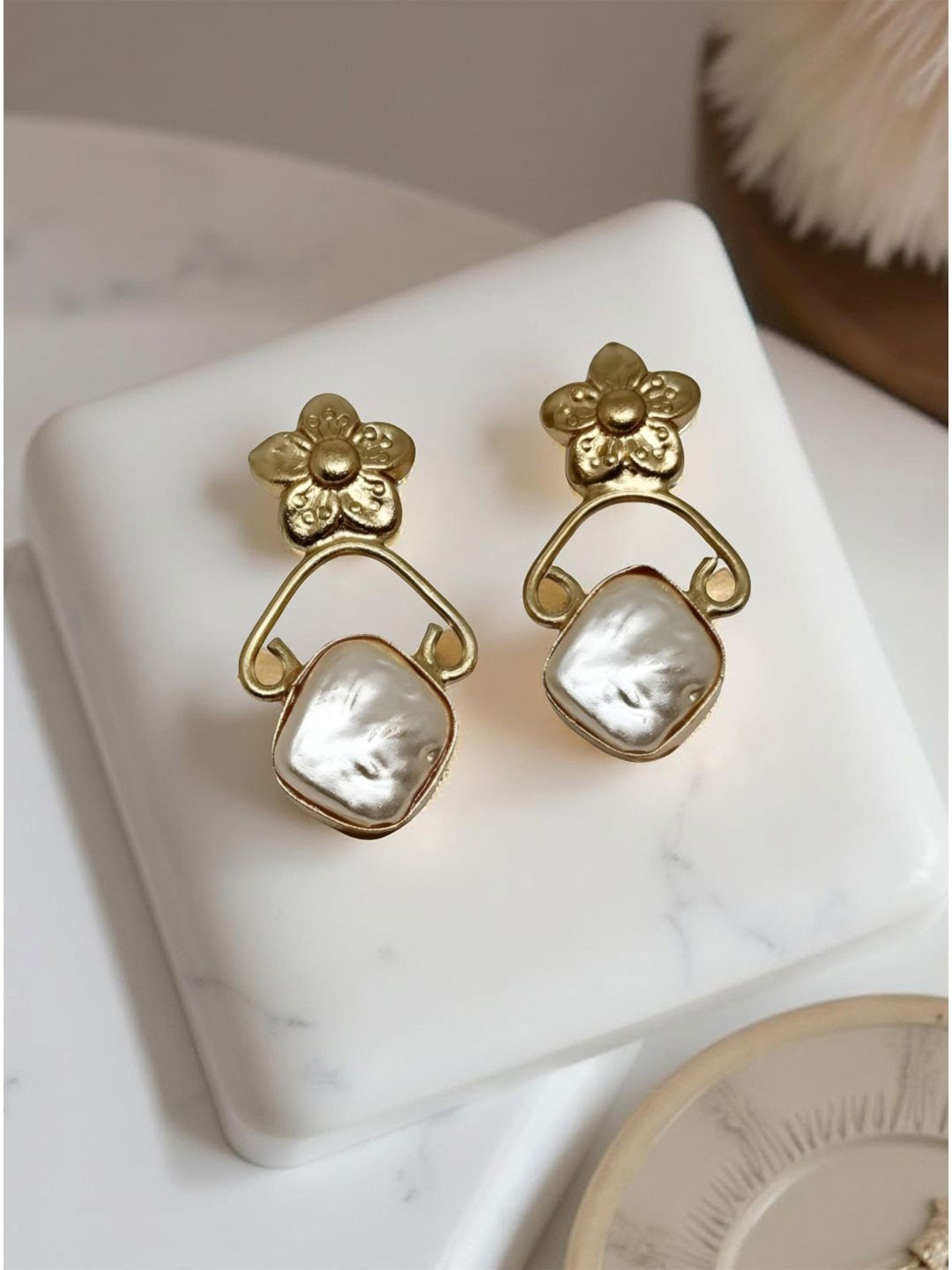 VYRA Stainless Steel Gold-Plated Artificial Stones Studded Floral Drop Earrings