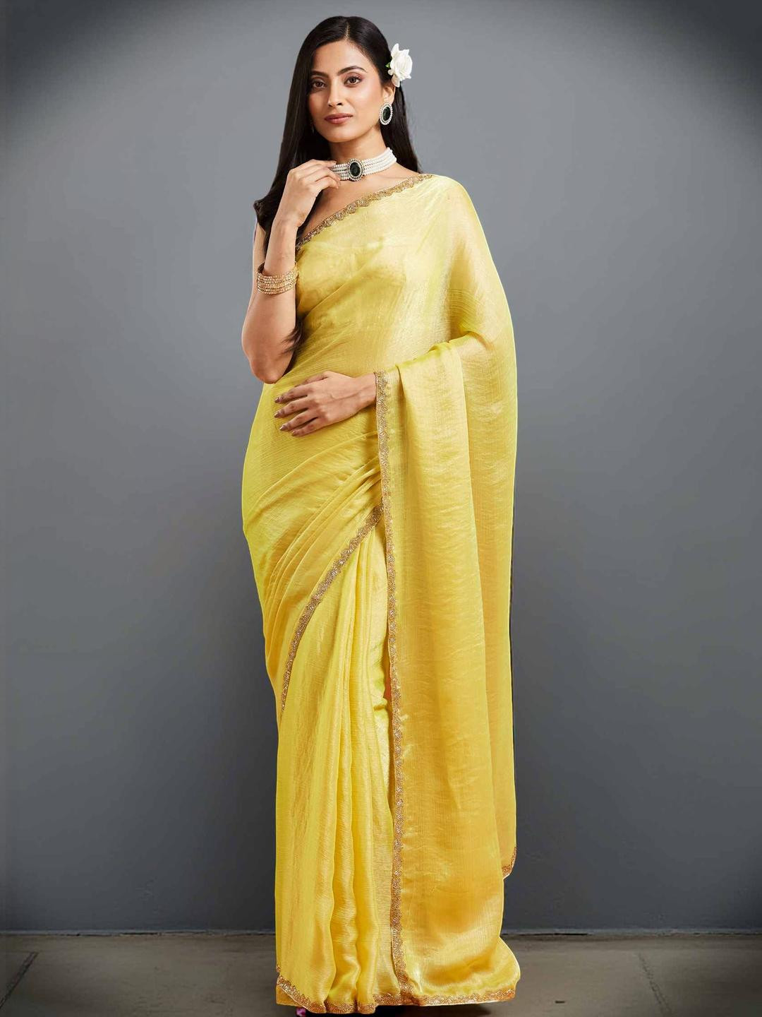 LOROFY Embellishment  Beads and Stones Chanderi Saree