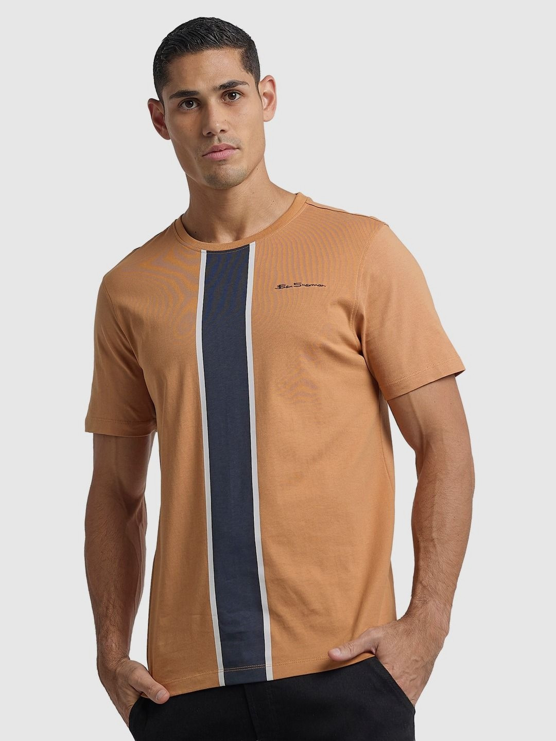 BEN SHERMAN Striped Printed Round Neck Short Sleeves Cotton T-shirt