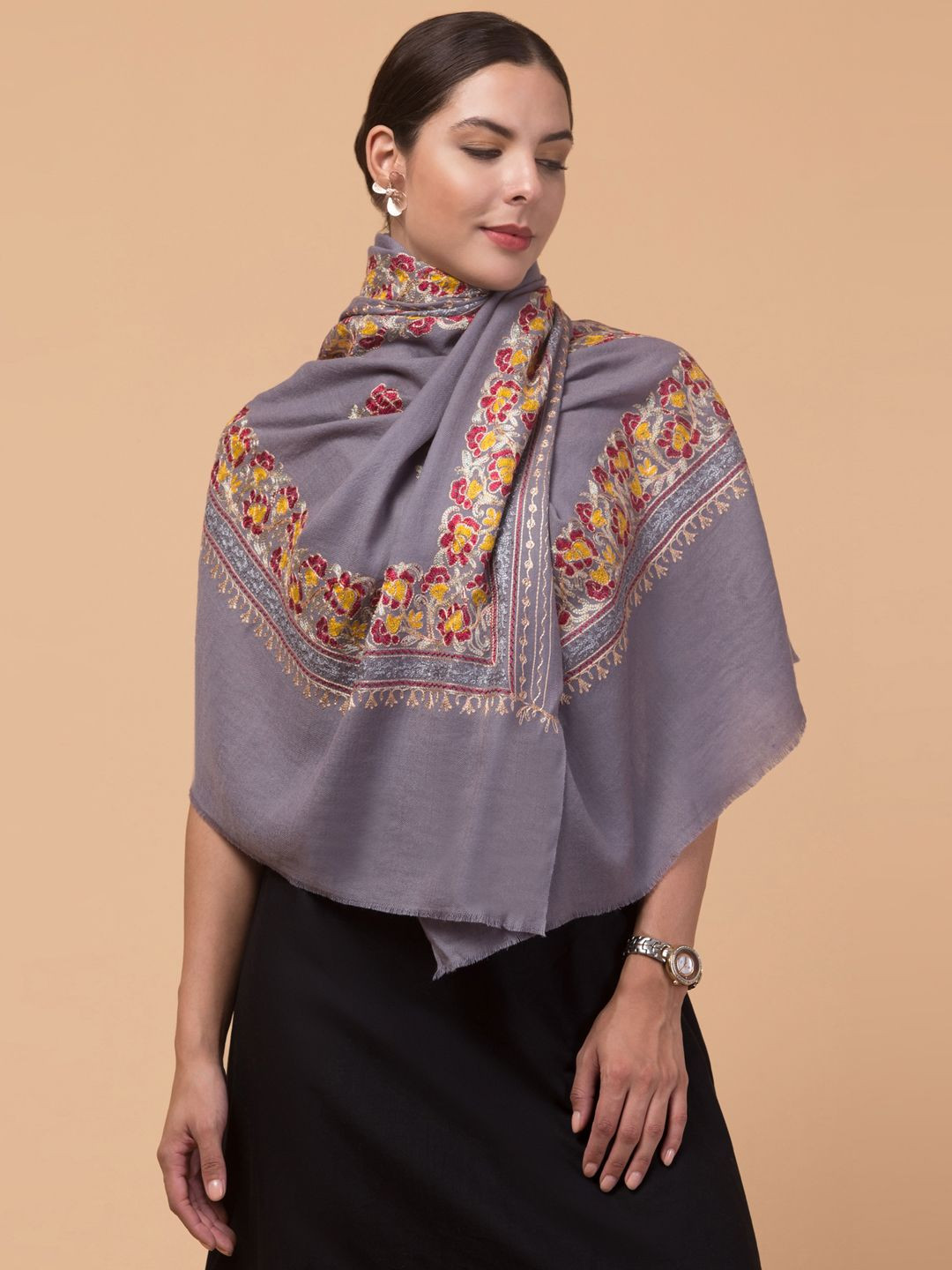 Tweedle Floral Embroidered Aari Work Woollen Stole