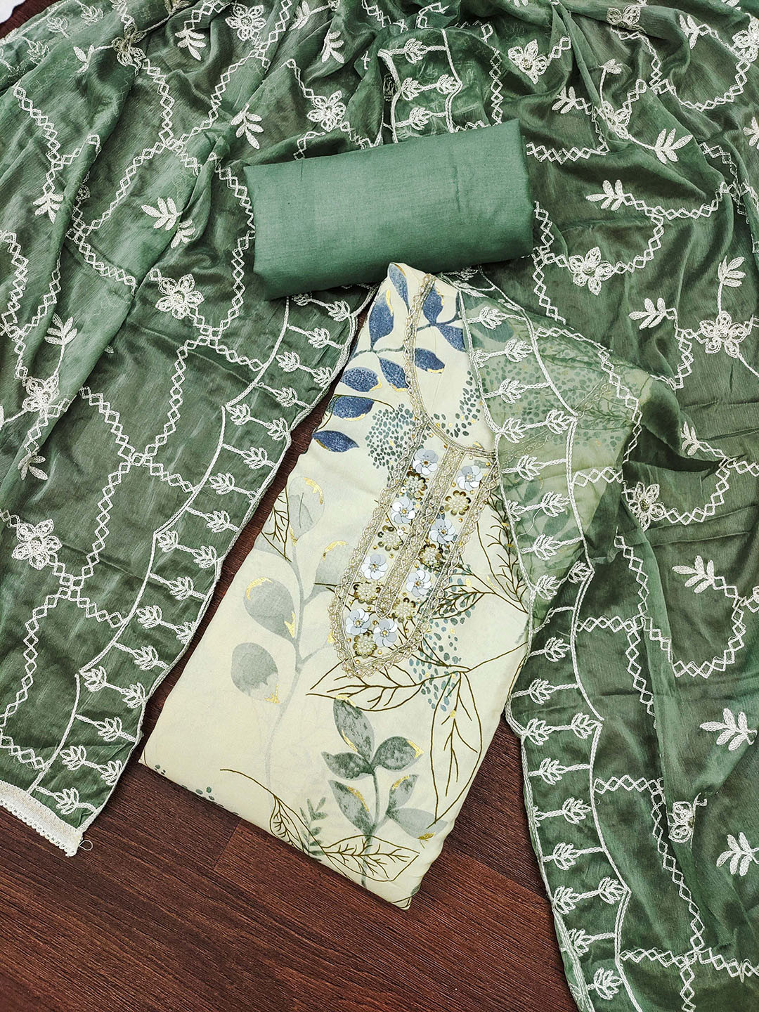 MANVAA Floral Printed Beads And Stones Jaan Cotton Unstitched Dress Material