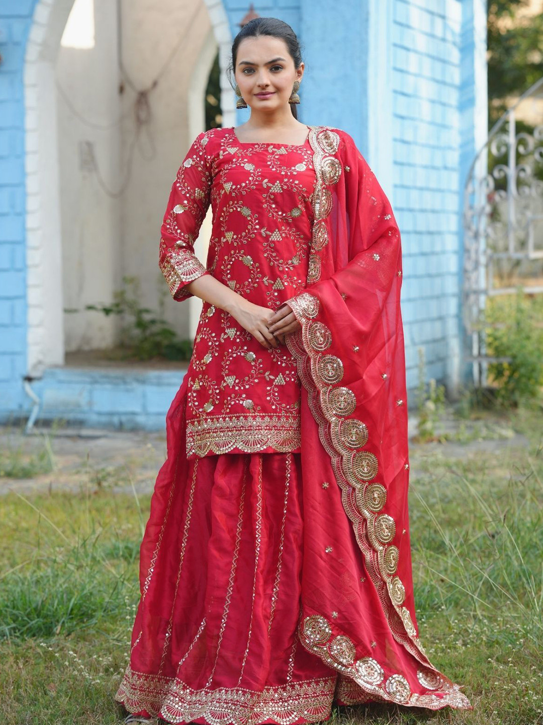 ODETTE Red Poly Georgette Embroidered Stitched Kurta Set For Women