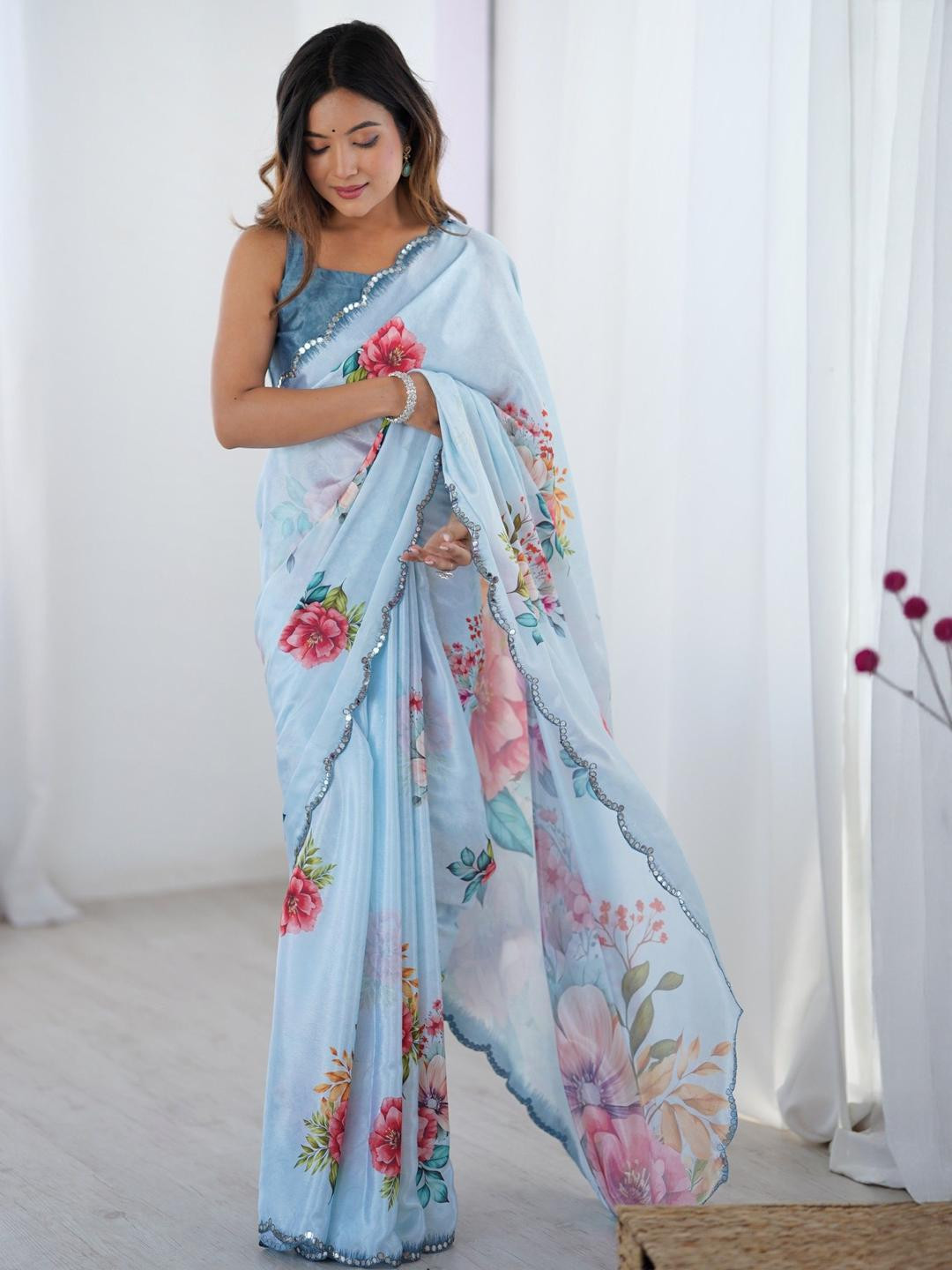 LeeliPeeri Designer Floral Printed Mirror Work Embellished Saree And Printed Blouse Piece